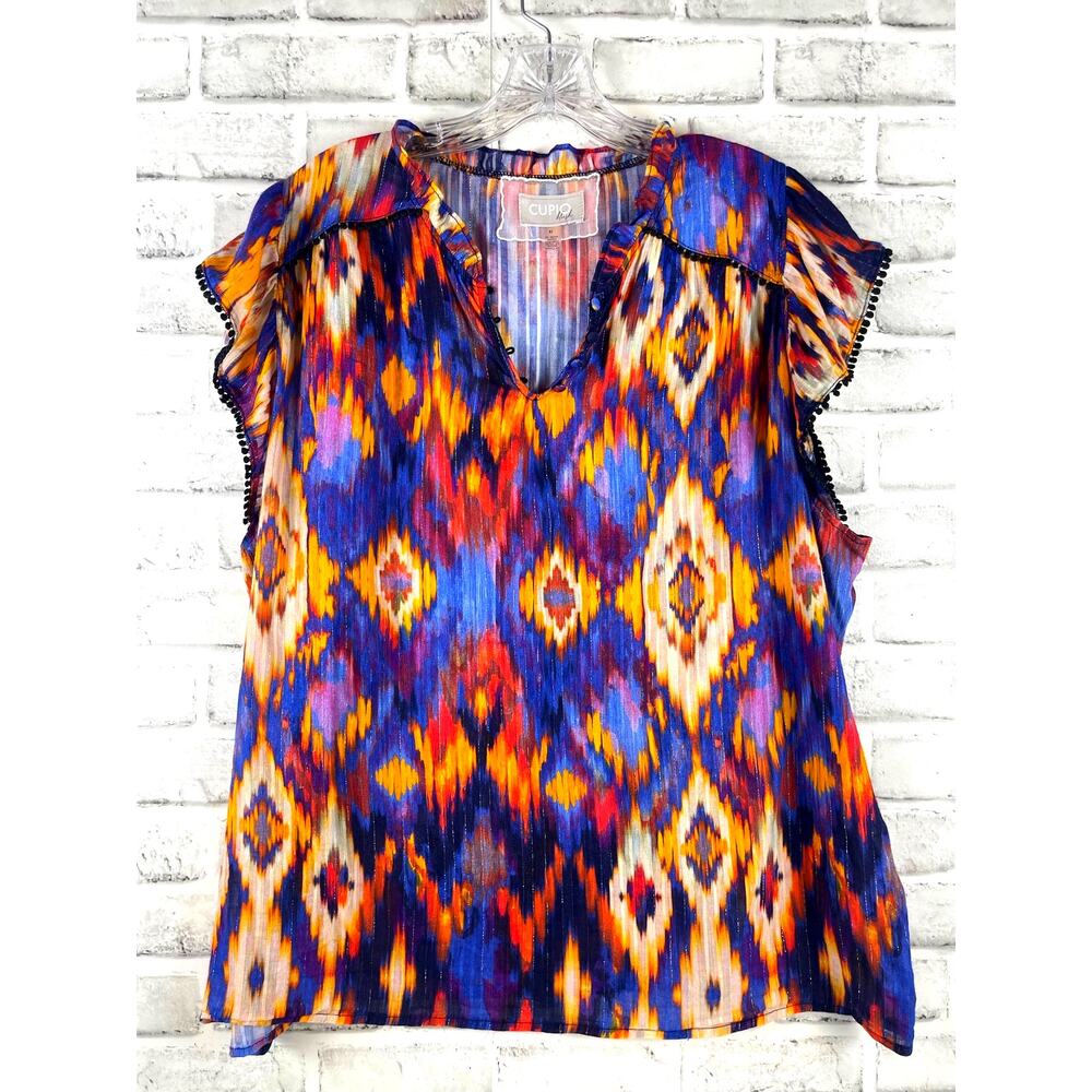 CUPIO Blush Blouse 1X Plus Cotton Metallic Ikat Aztec Pom Trim Split V Neck